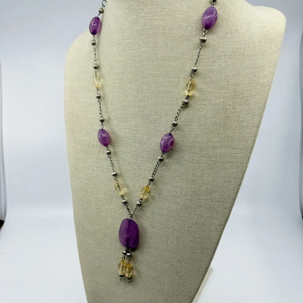 Necklace Vintage Y Drop Purple Yellow Beads Silver Tone Boho Statement Pendant